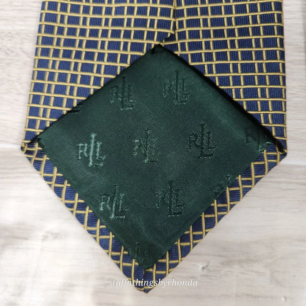 Lauren Ralph Lauren 100%‎ Silk Textured Men's NeckTie Navy With Yellow X-long